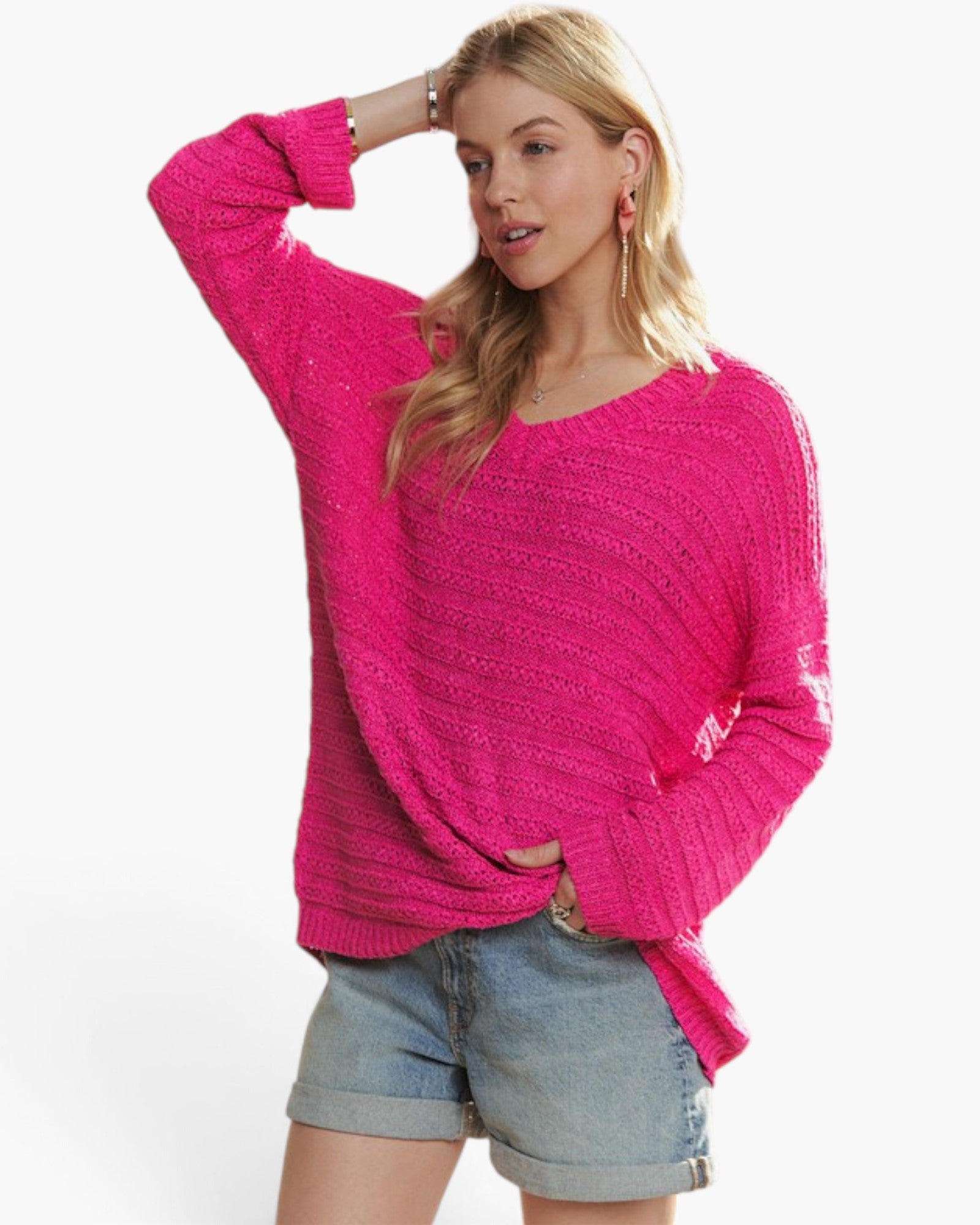 Deep Rose Textured V-Neck Sweater