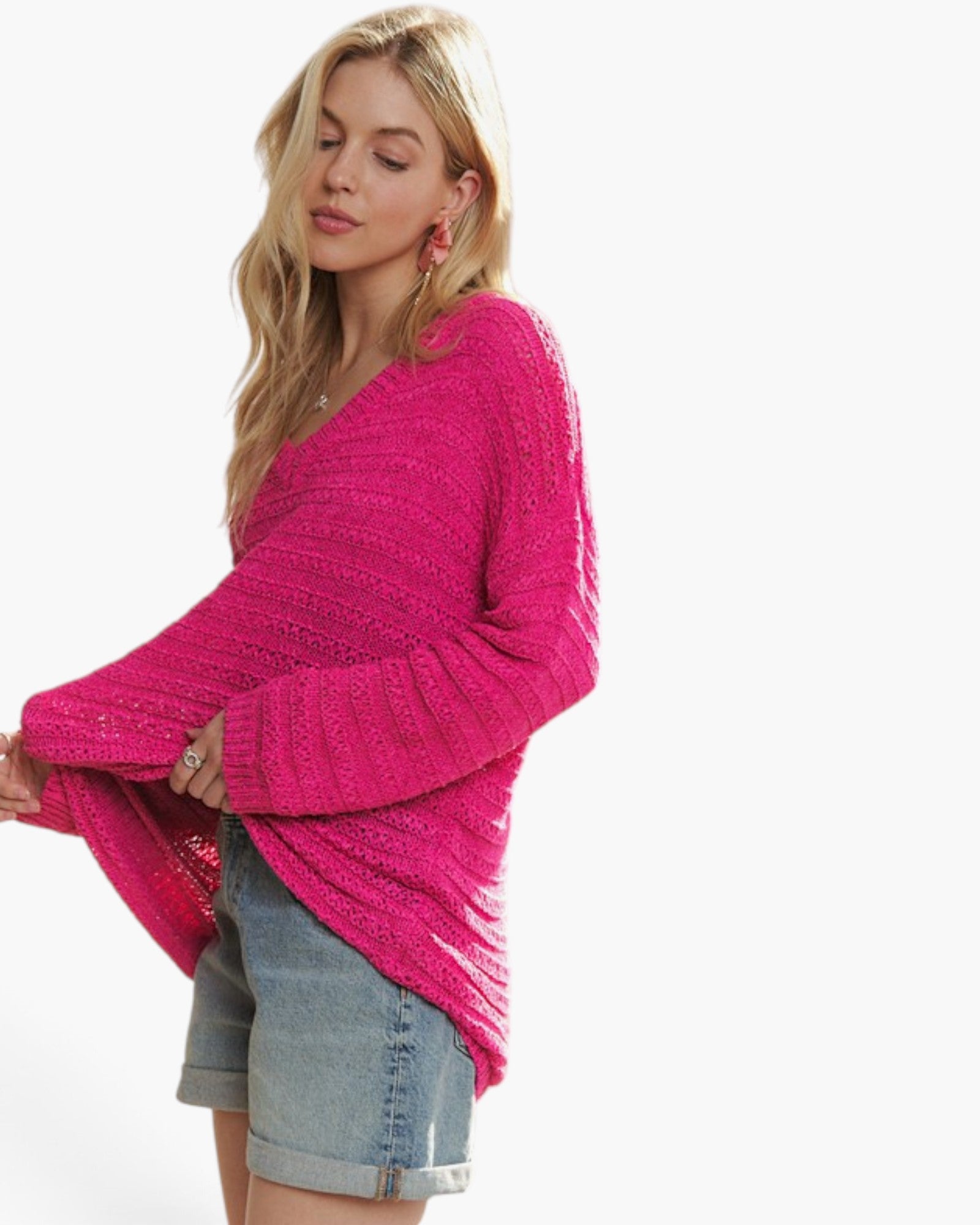 Deep Rose Textured V-Neck Sweater
