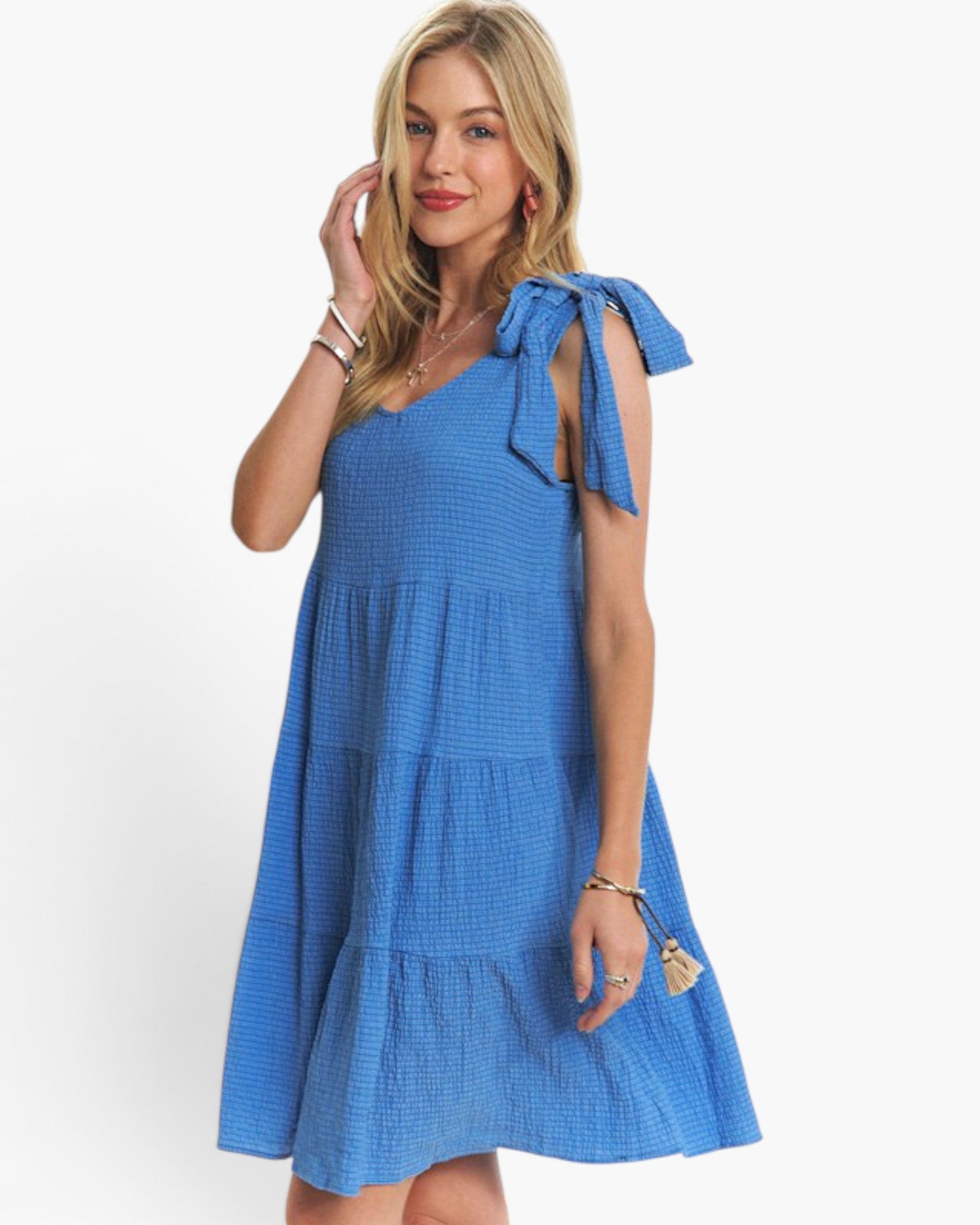 Blue Tie-Shoulder Tiered Dress