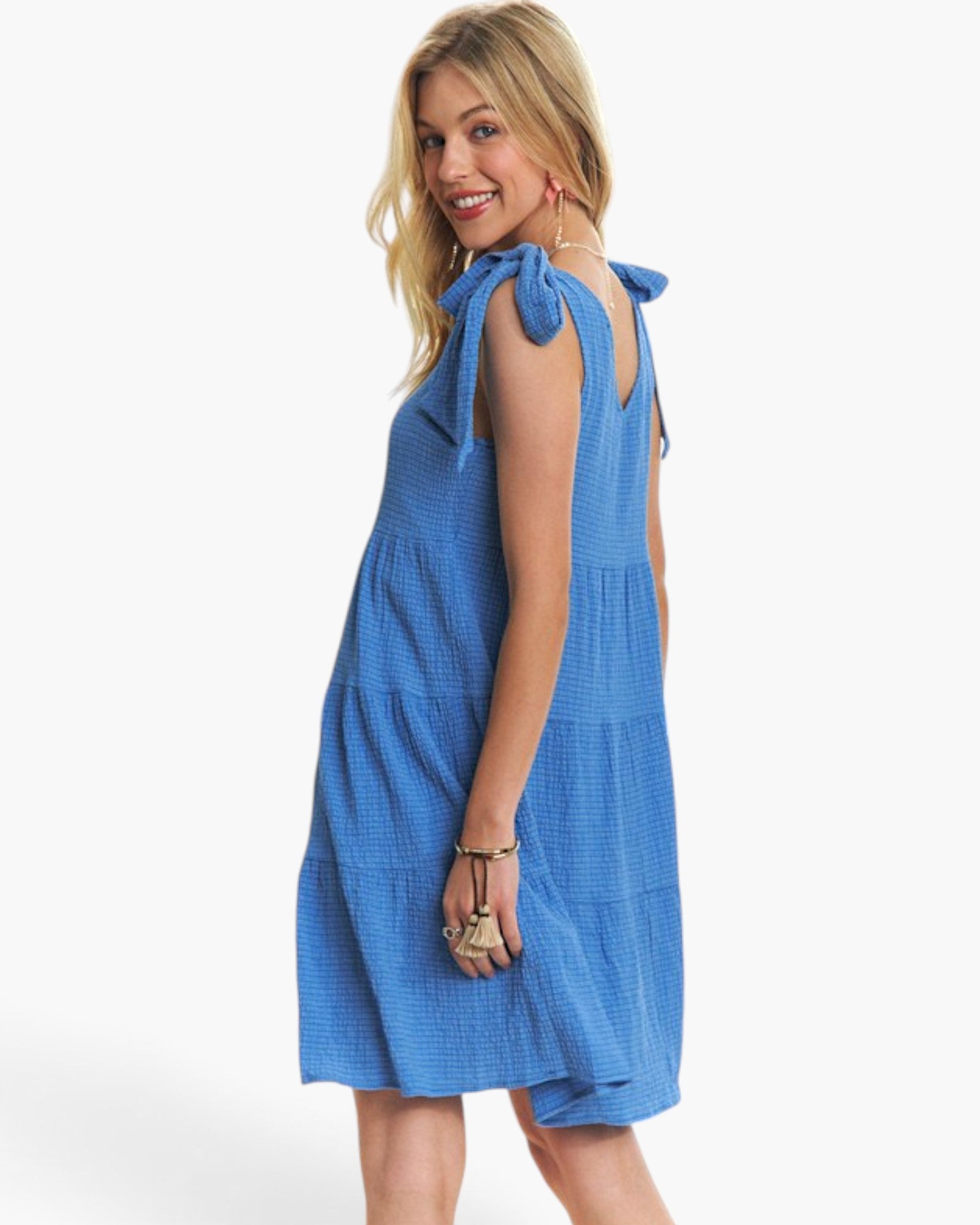 Blue Tie-Shoulder Tiered Dress