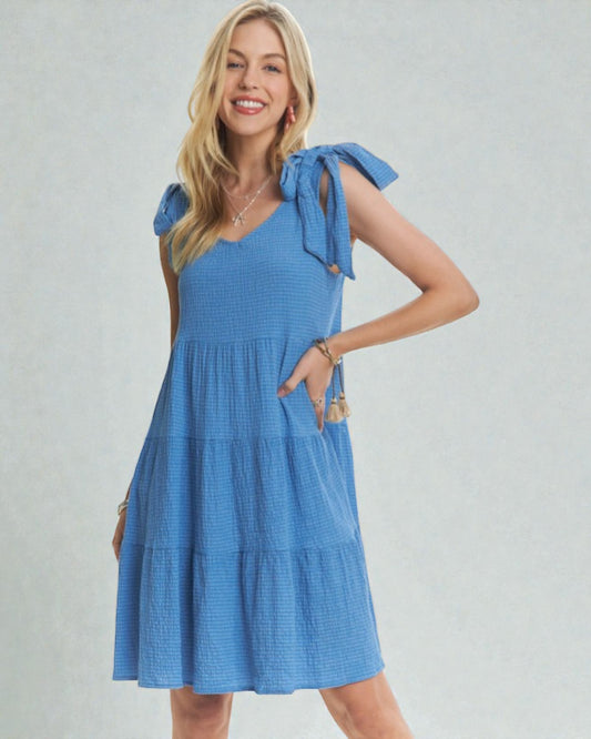 Woman wearing a blue dress with bow straps on a gray background