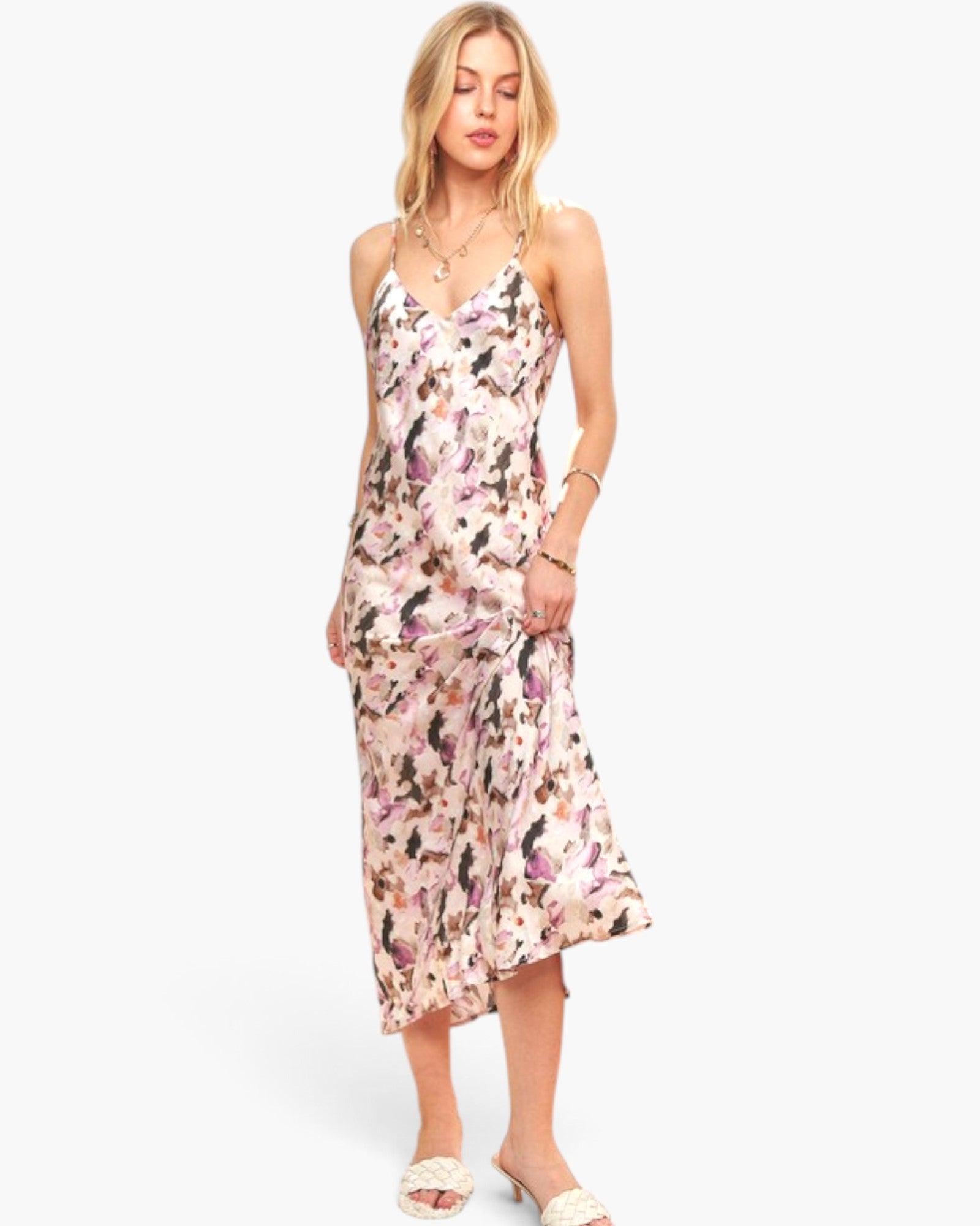 Mauve Abstract Floral Cowl-Neck Maxi Dress