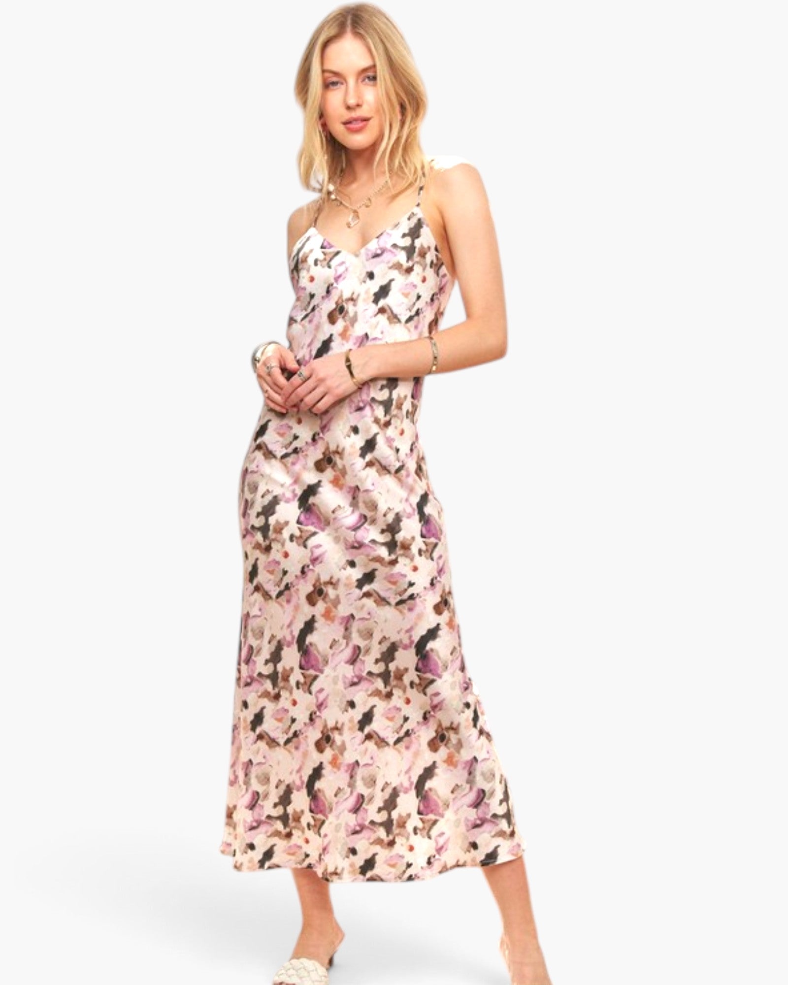 Mauve Abstract Floral Cowl-Neck Maxi Dress