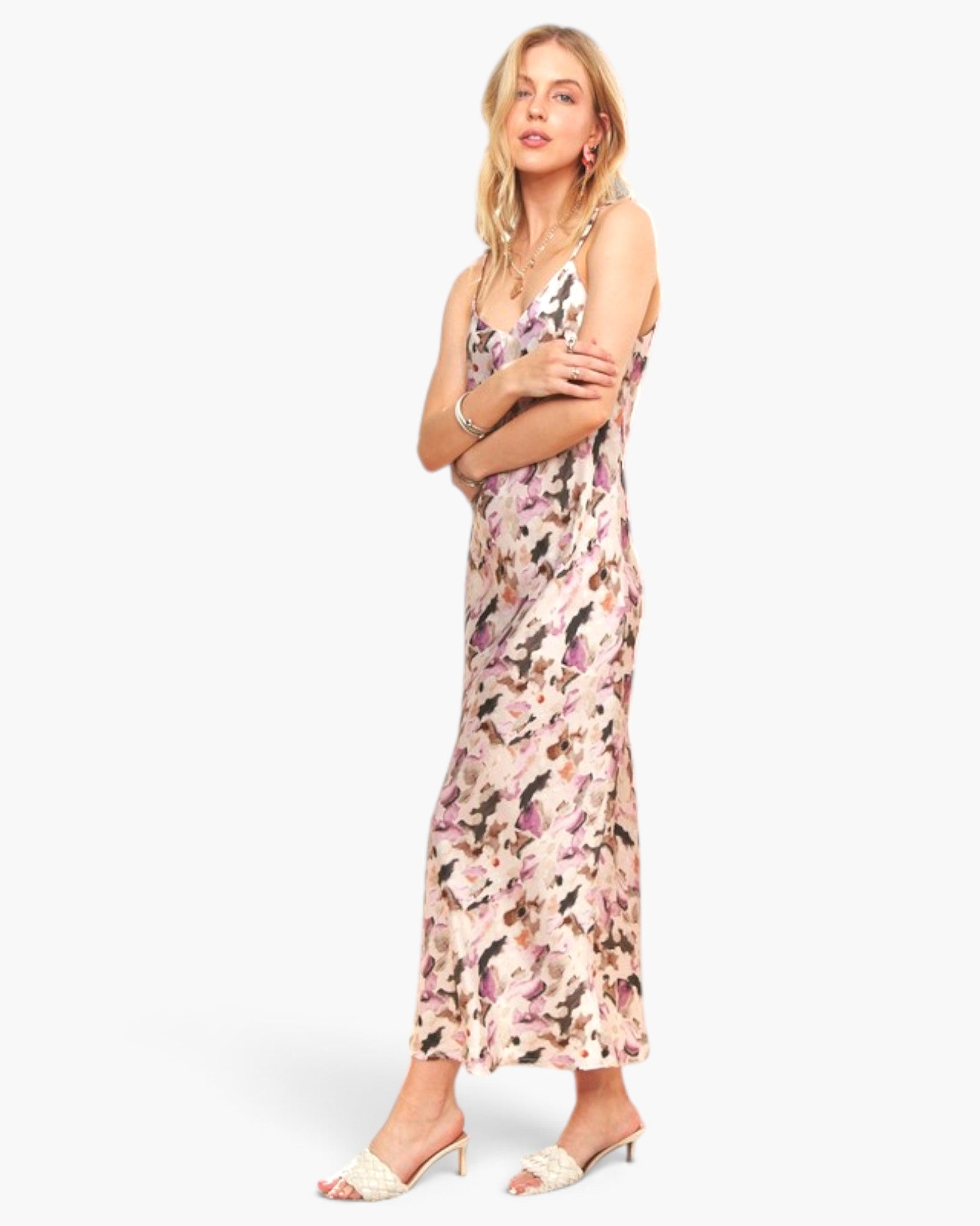 Mauve Abstract Floral Cowl-Neck Maxi Dress