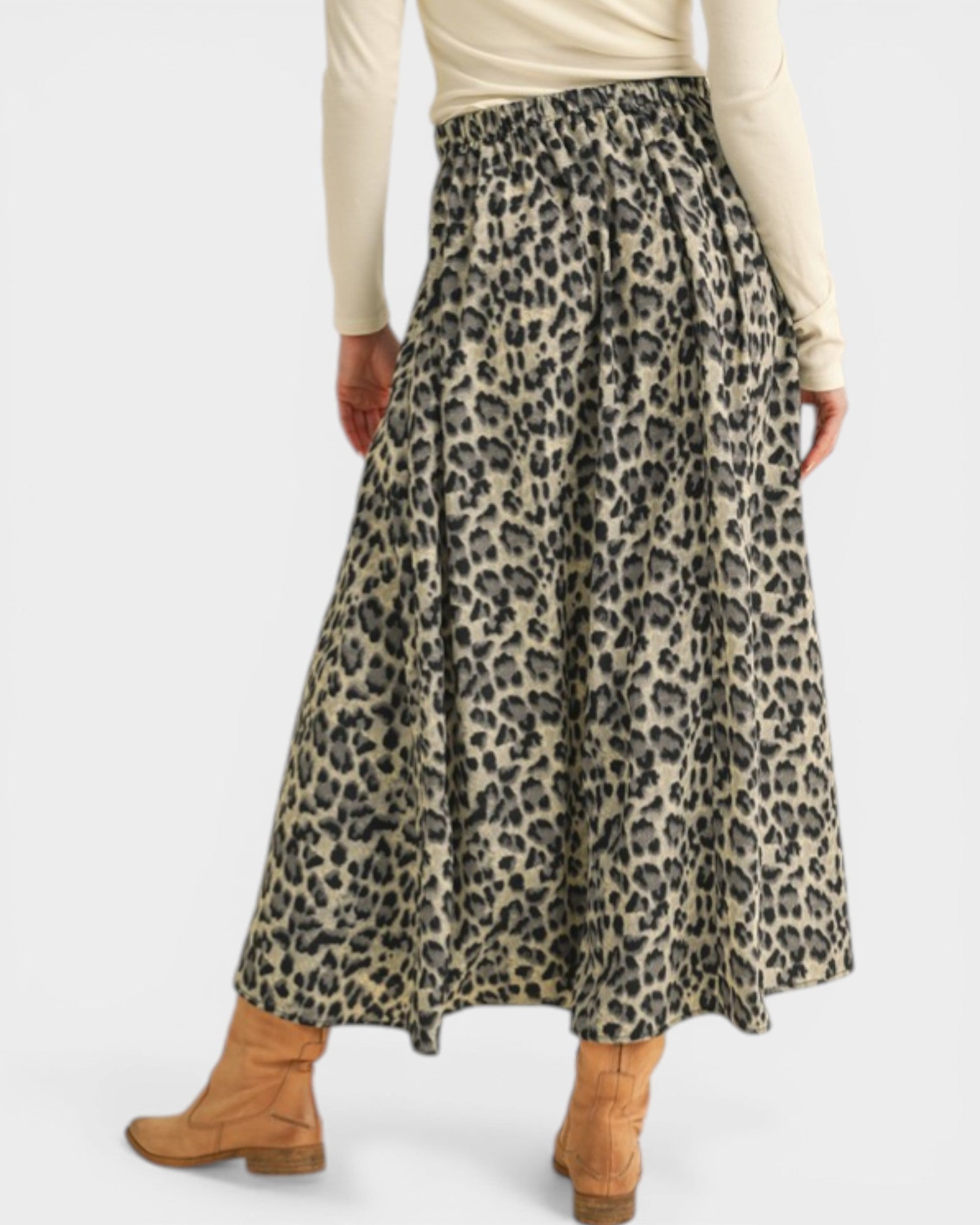 Person wearing a leopard print skirt with a plain background