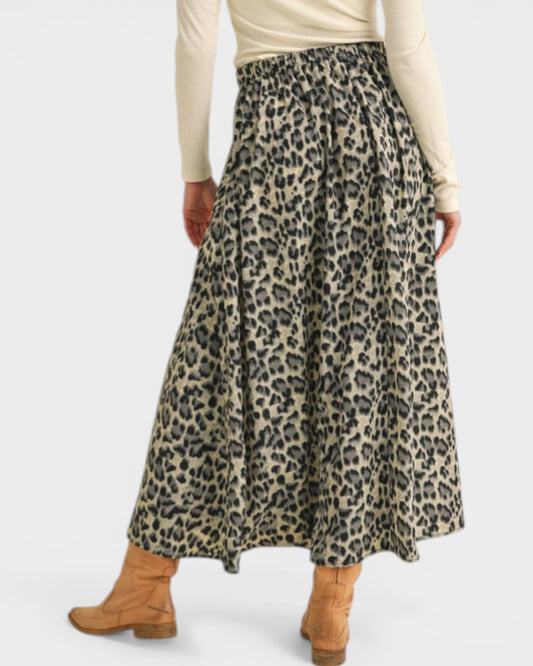 Person wearing a leopard print skirt with a plain background