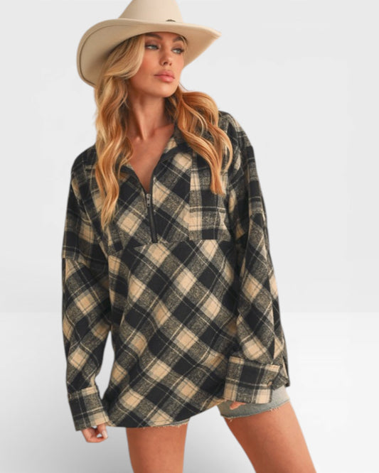 Woman wearing a plaid shirt and hat on a white background