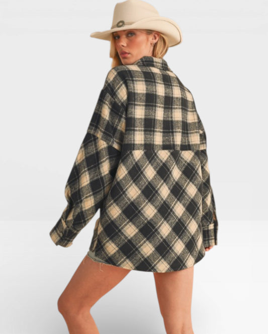 Person wearing a plaid shirt and hat on a white background