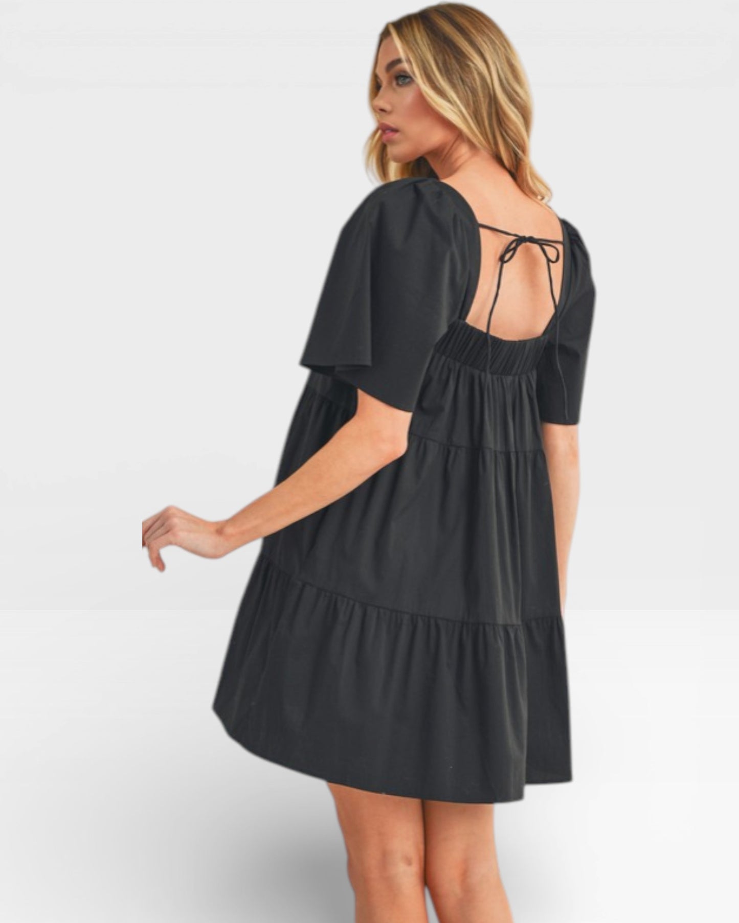 Black Square Neck Puff Sleeve Tiered Babydoll Dress