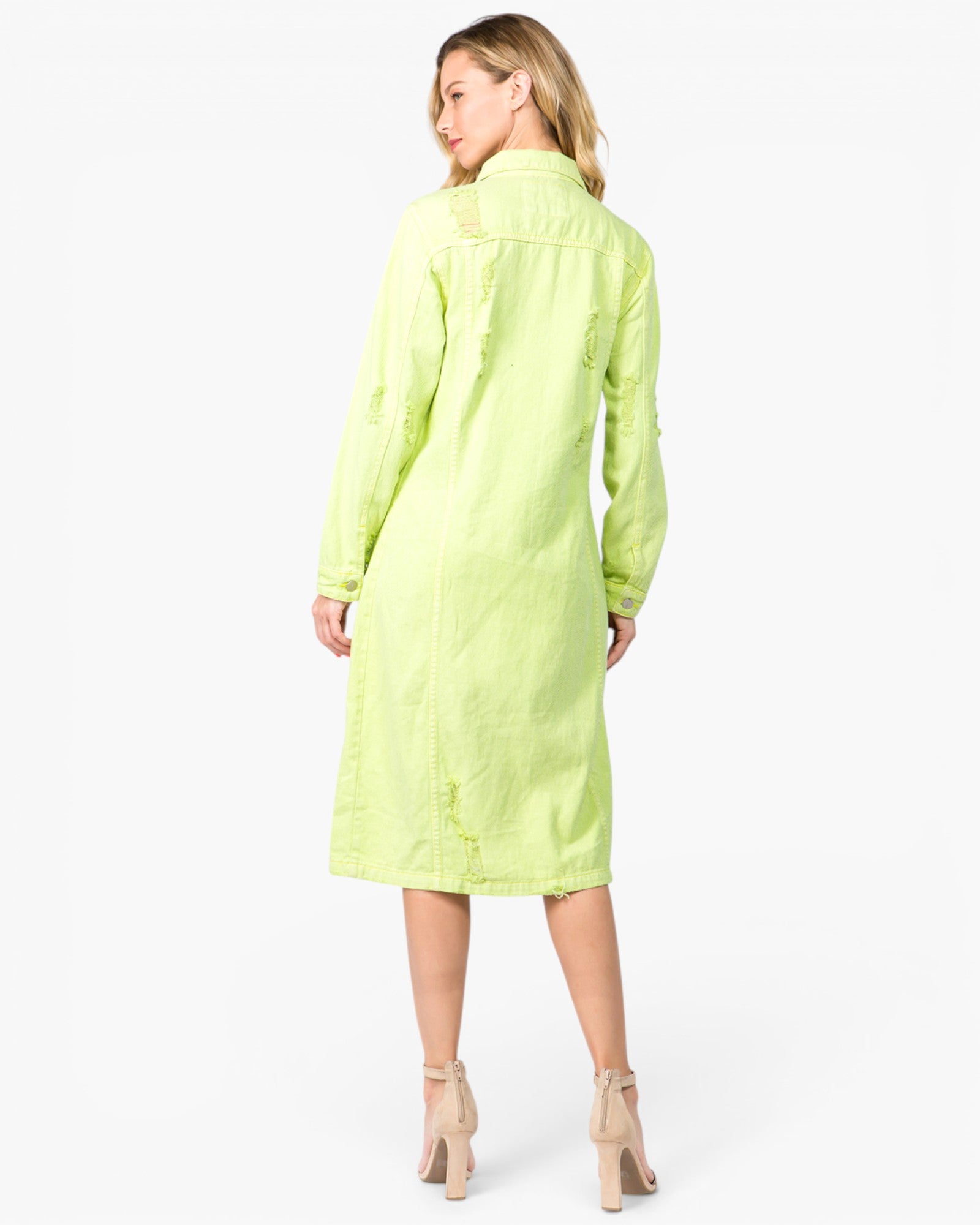 Robe mi-longue boutonnée en jean vieilli vert citron