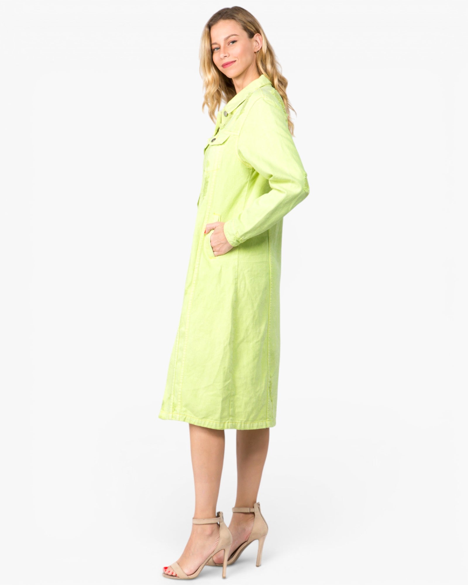 Robe mi-longue boutonnée en jean vieilli vert citron