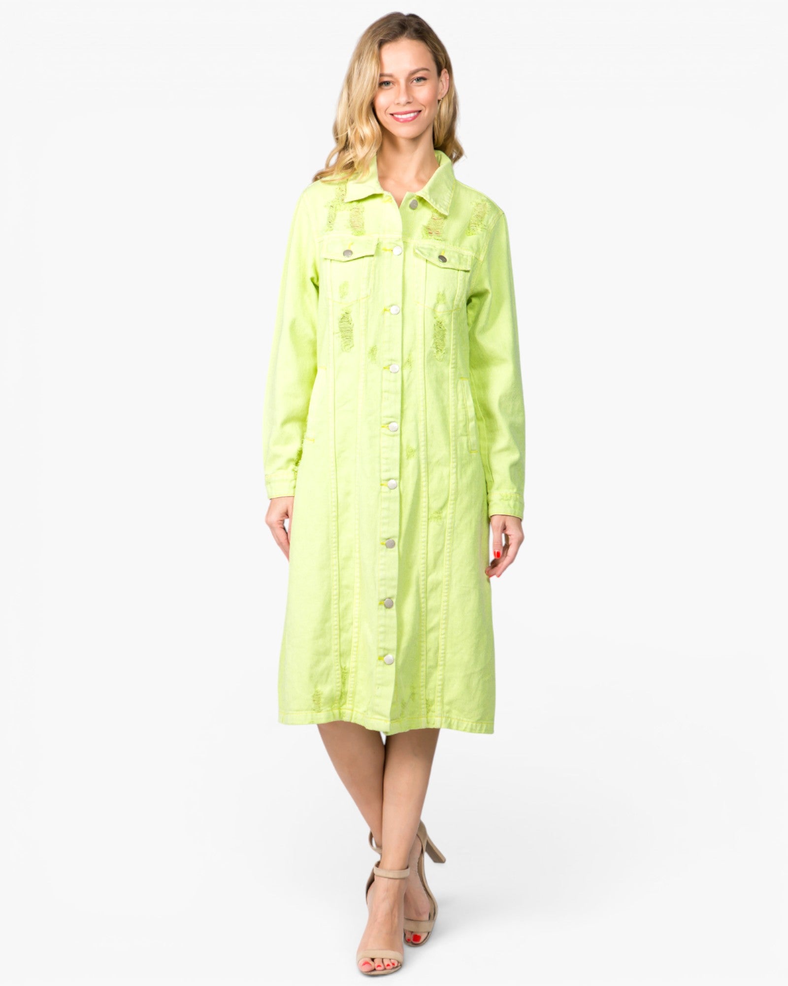 Robe mi-longue boutonnée en jean vieilli vert citron