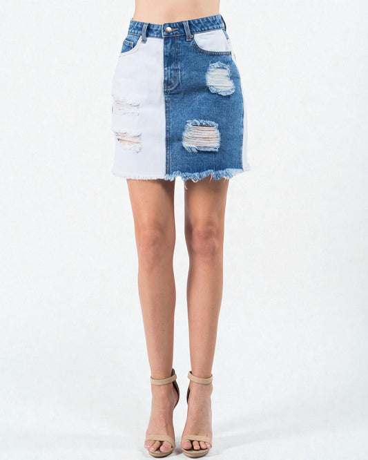 Two-Tone Distressed Denim Mini Skirt