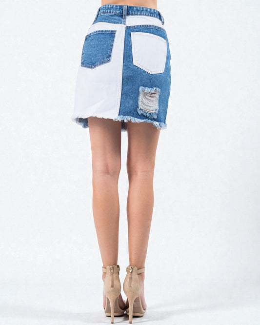 Two-Tone Distressed Denim Mini Skirt