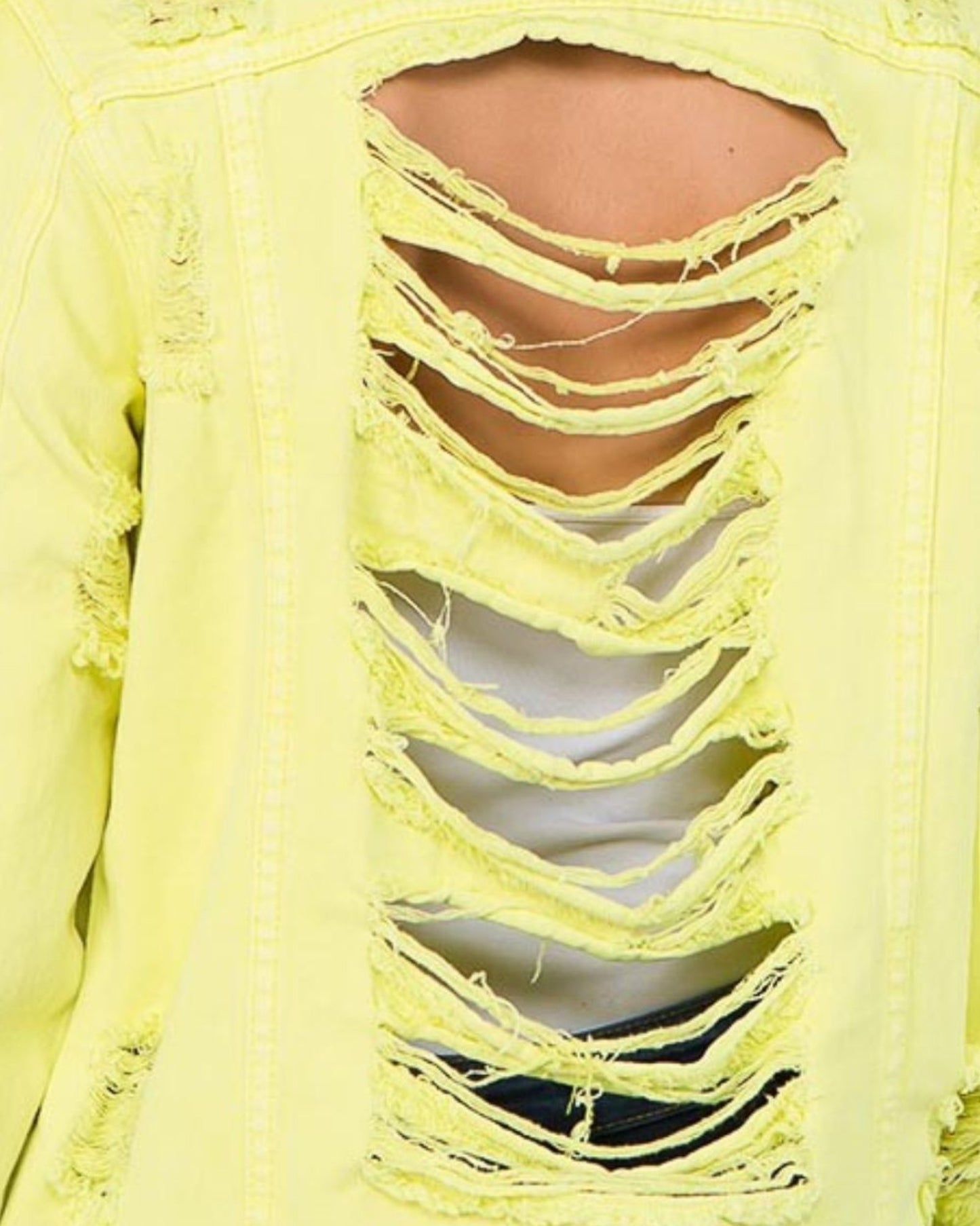 Yellow distressed jacket with cut-out design on a white background