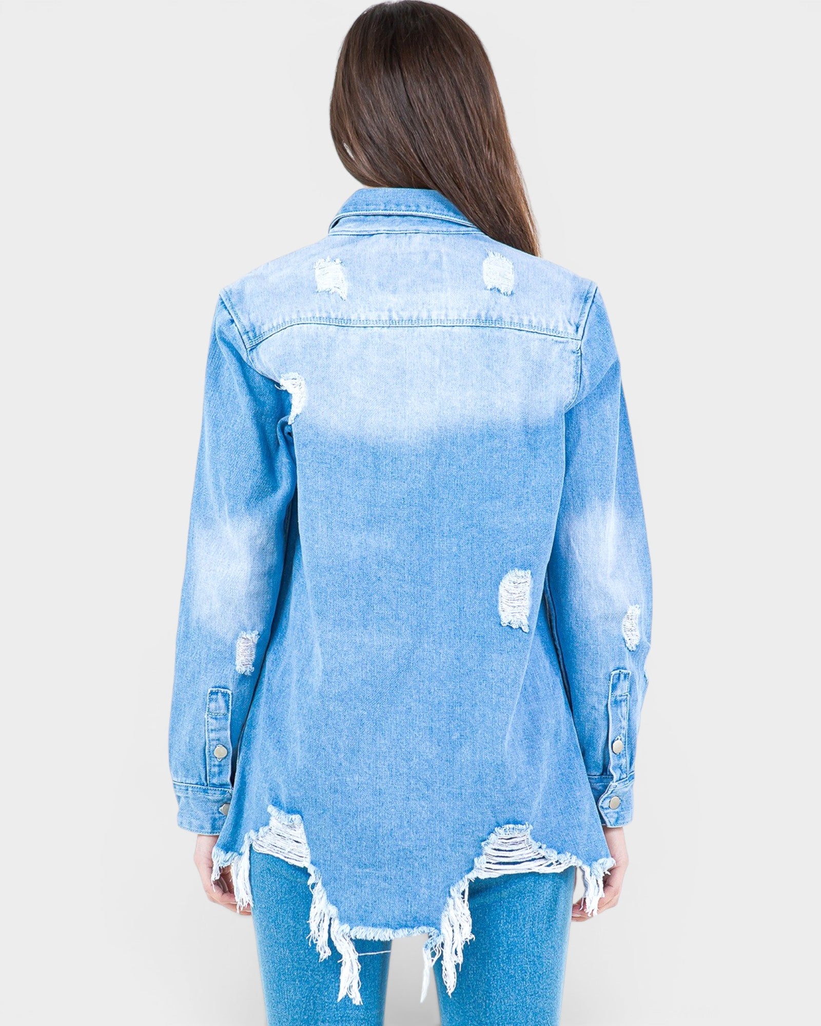 Light blue denim jacket with distressed details on a white background