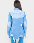 Light blue denim jacket with distressed details on a white background