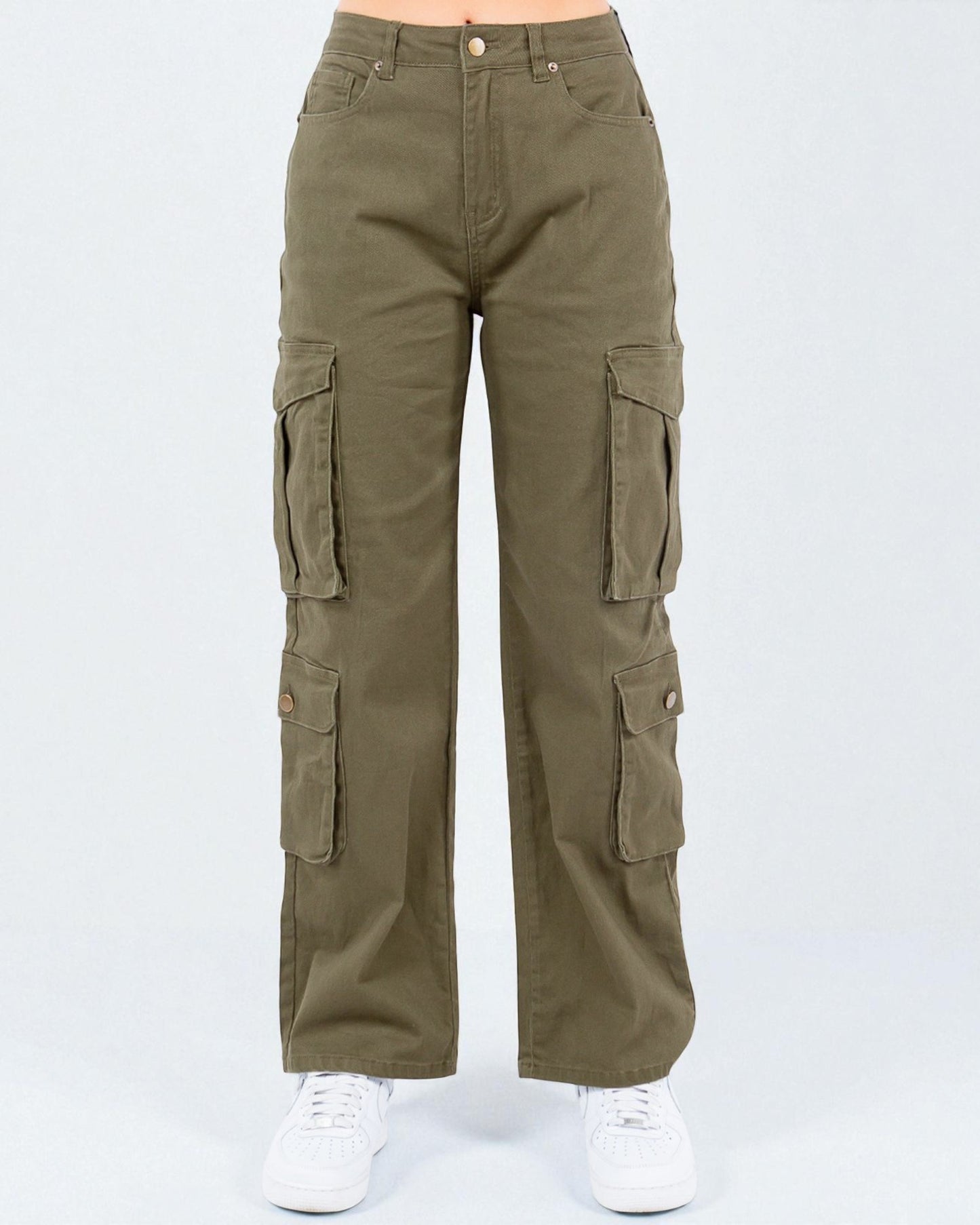 Olive green cargo pants on a white background