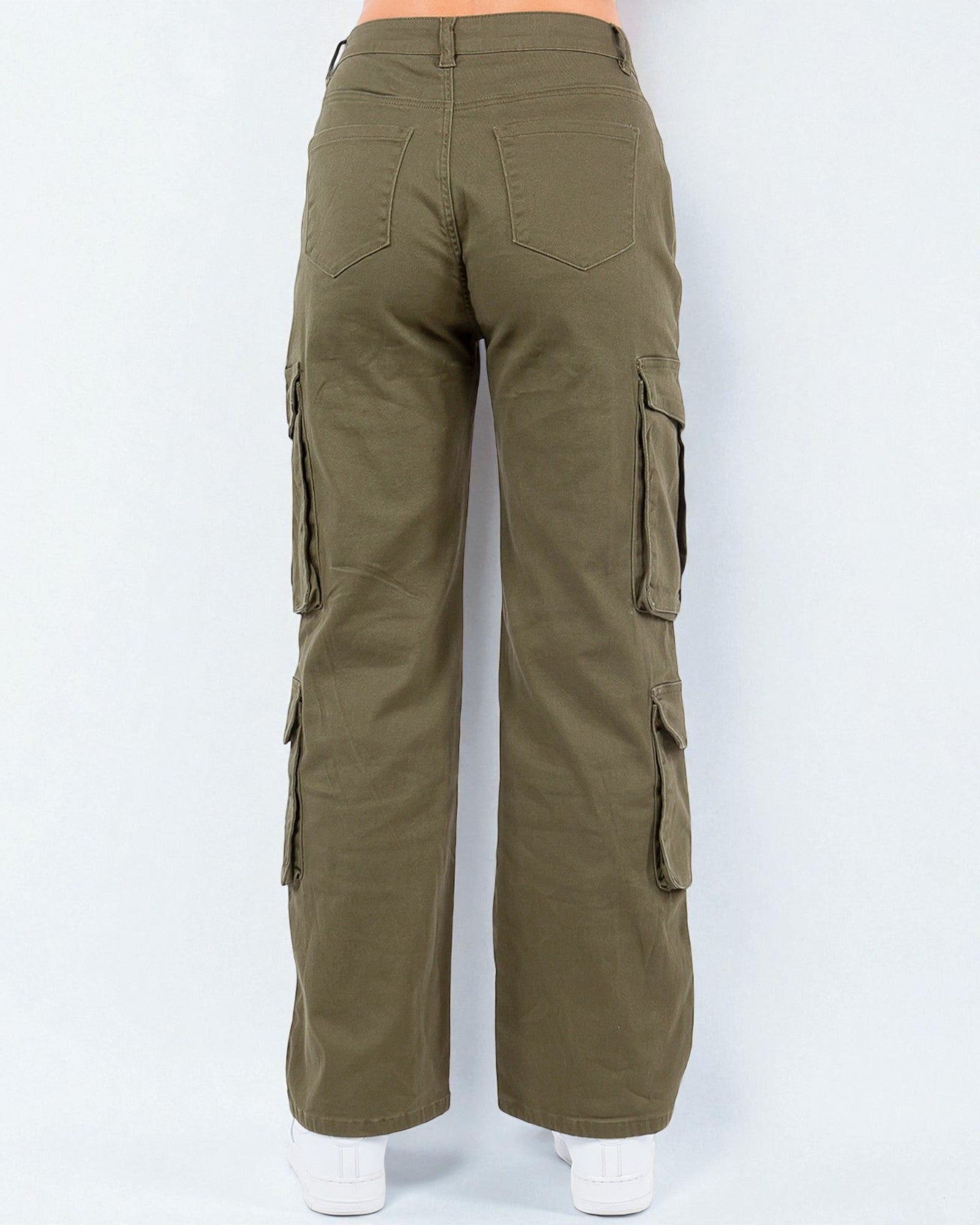 Olive green cargo pants on a white background