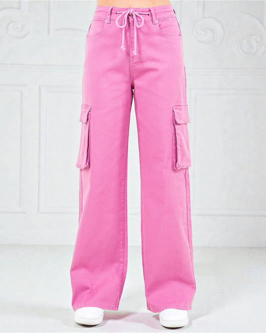 Pink cargo pants on a white background
