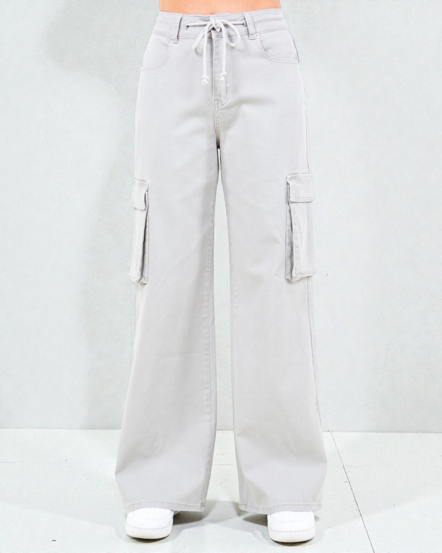 Light gray cargo pants on a white background