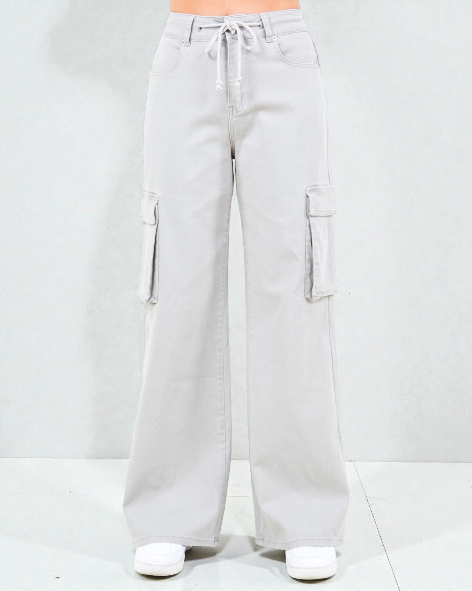Light gray cargo pants on a white background