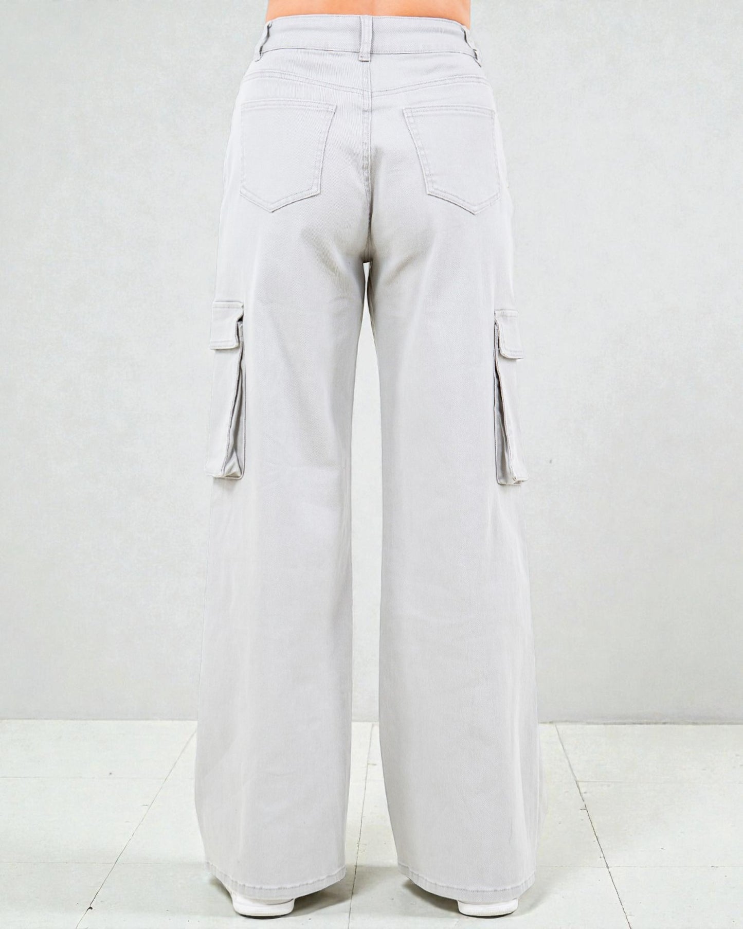 Light gray cargo pants on a white background