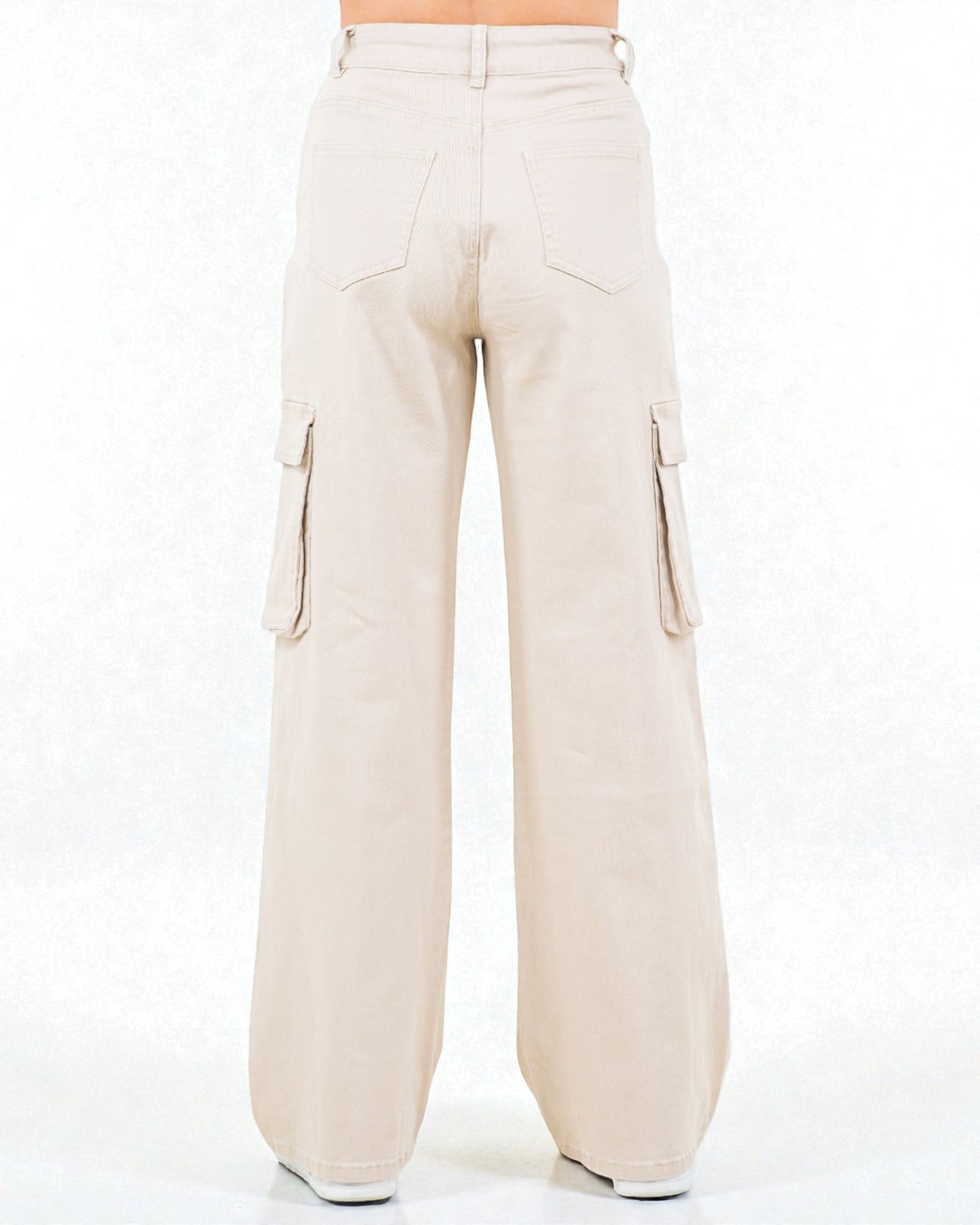 Beige cargo pants on a white background