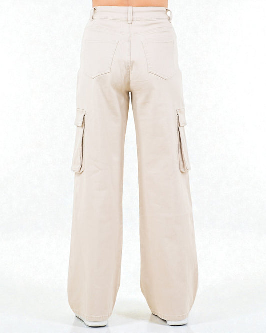 Beige cargo pants on a white background