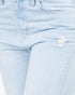 Close-up of light blue denim jeans showing the front pocket and a small distressed rip on the thigh.
