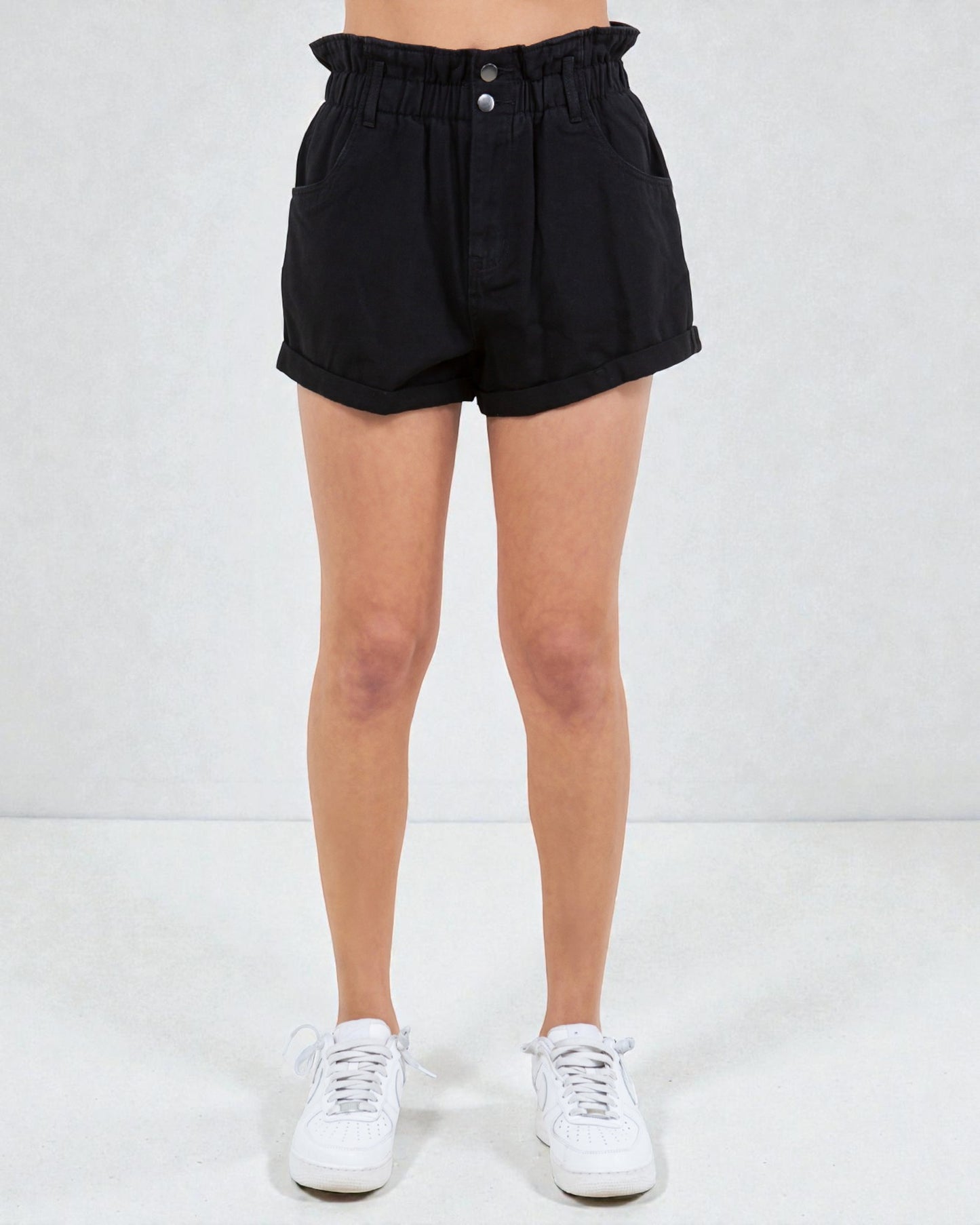 Black Paperbag Waist Cuffed Denim Shorts