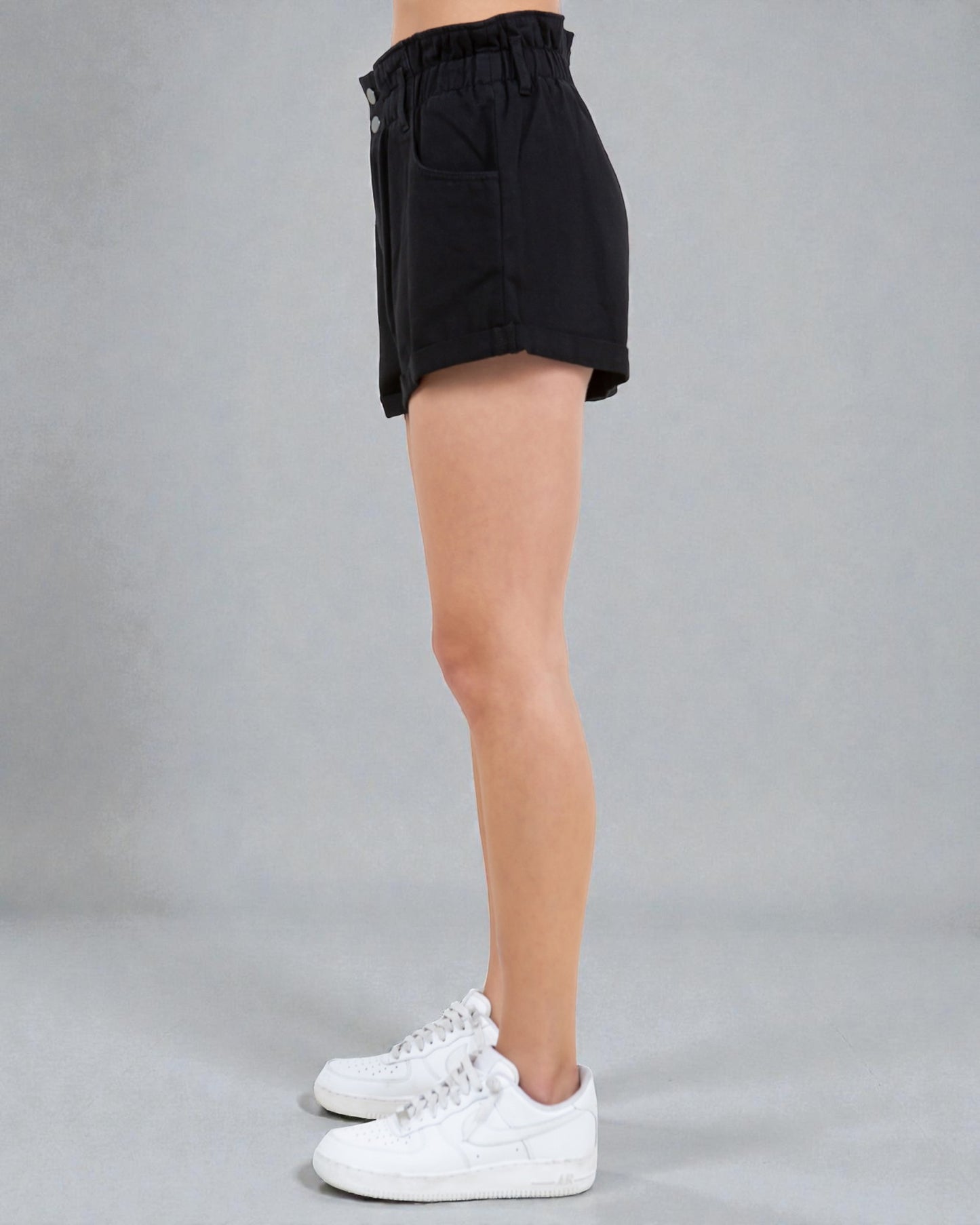 Black Paperbag Waist Cuffed Denim Shorts