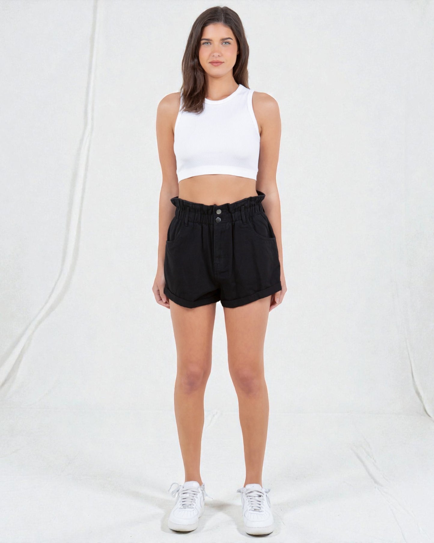 Black Paperbag Waist Cuffed Denim Shorts