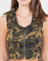 A sleeveless cropped vest with a camouflage pattern, featuring a front zipper and a pointed collar, shown on a model.