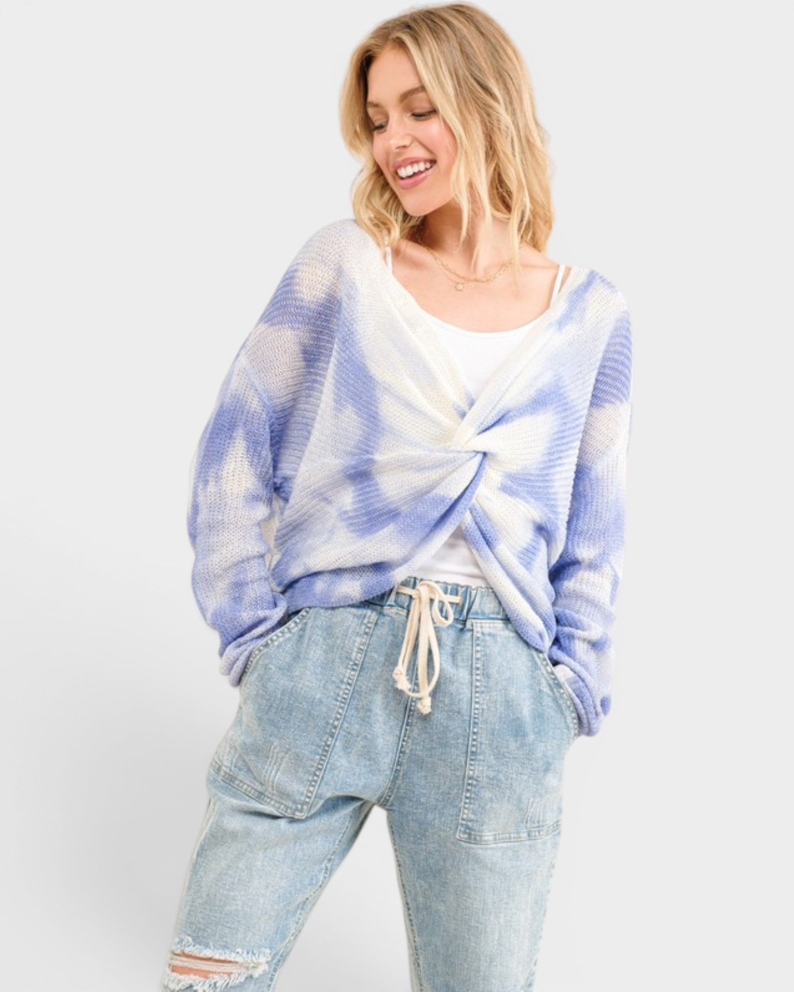 Lavender Tie Dye Twist Front Sweater