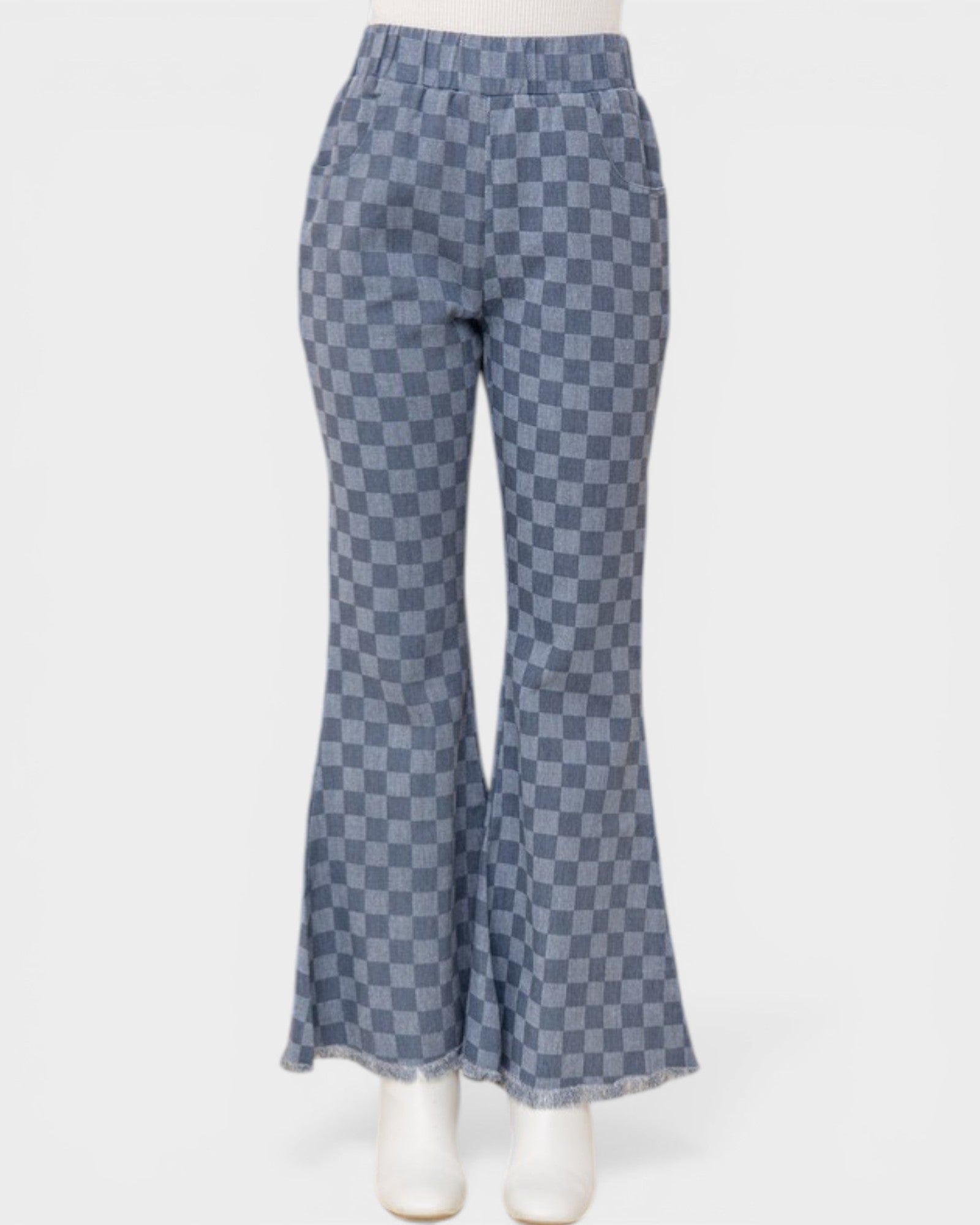 Checkered flared pants on a white background