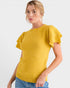 Woman wearing a yellow sweater against a white background