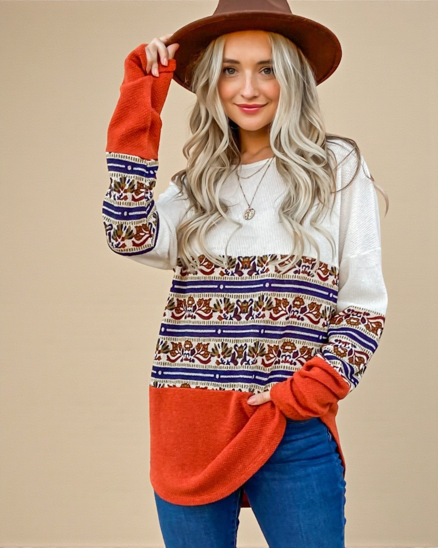 Ivory & Rust Boho Stripe Pullover