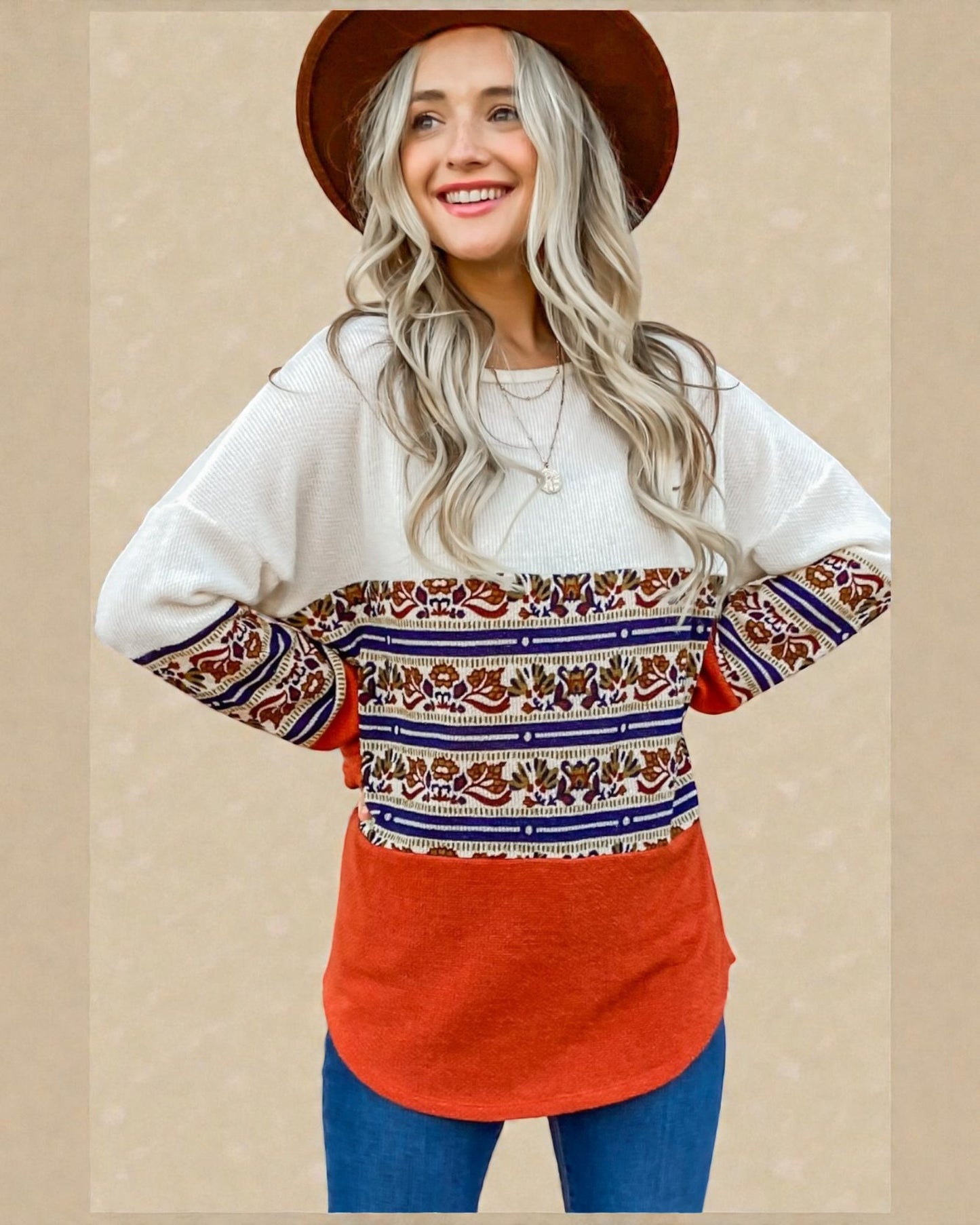 Ivory & Rust Boho Stripe Pullover
