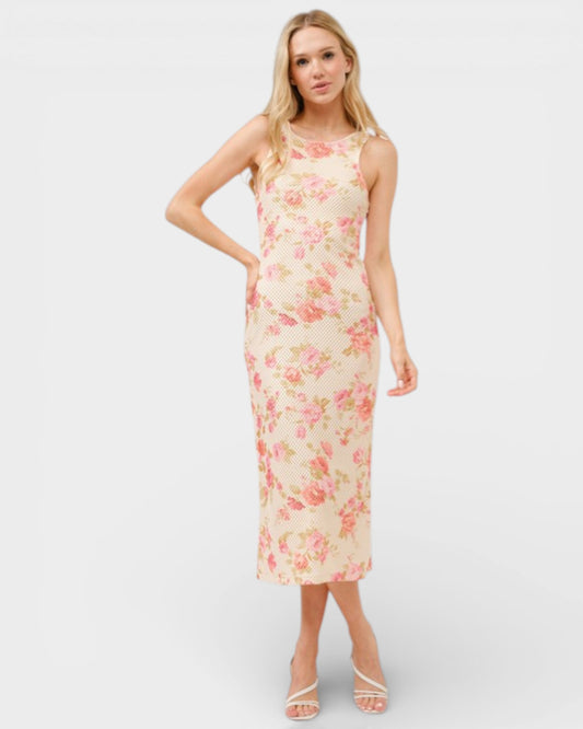 Woman wearing a floral dress on a white background