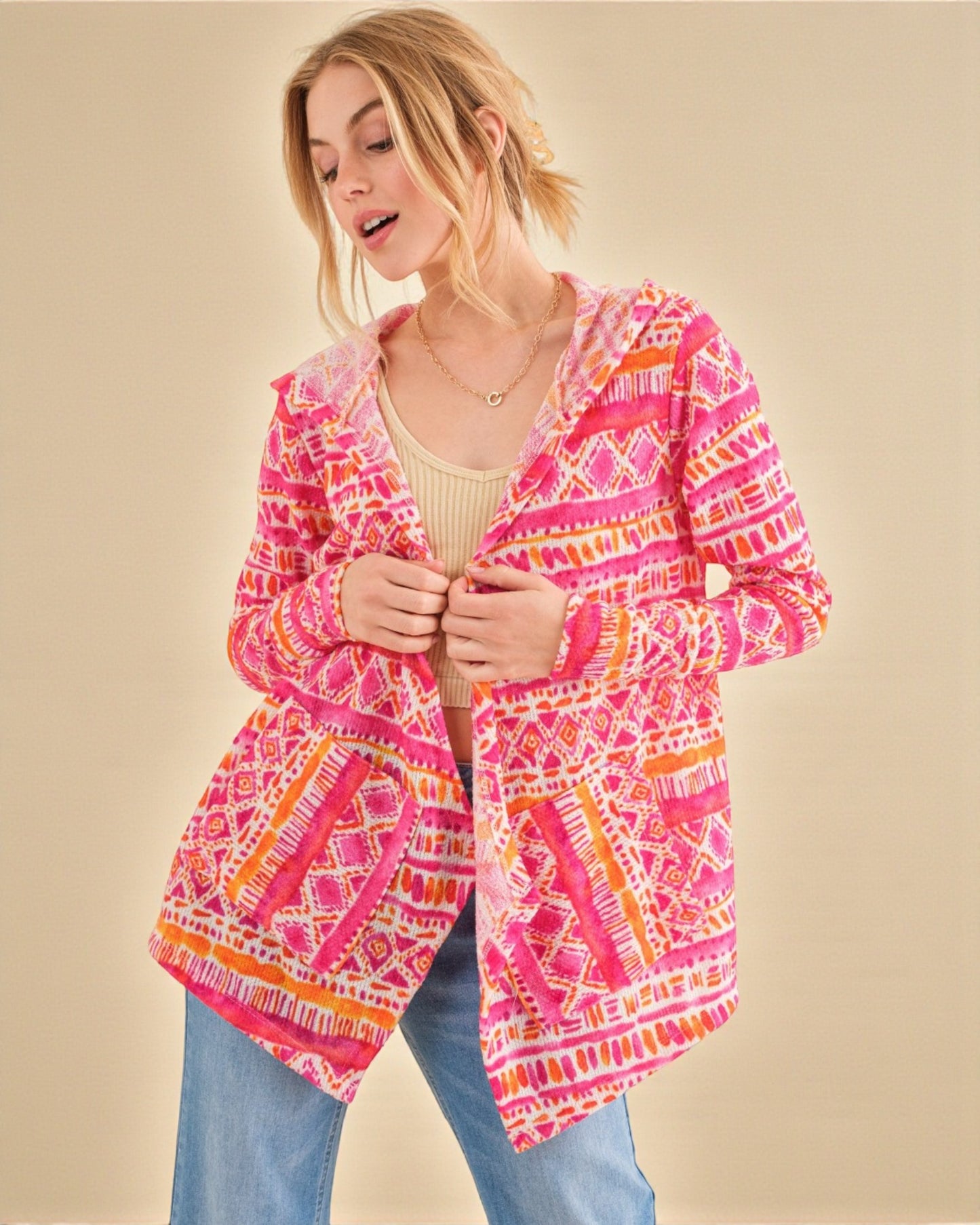 Pink & Orange Printed Hooded Cardigan