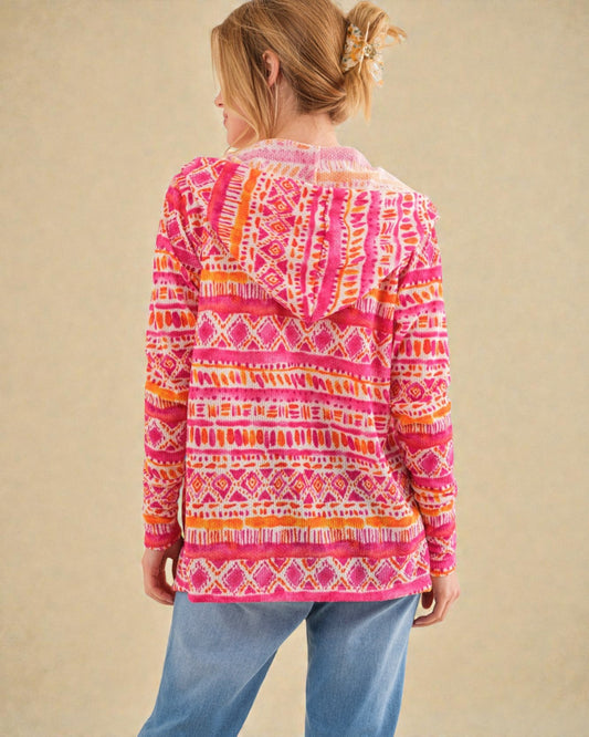 Pink & Orange Printed Hooded Cardigan