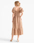 A woman shown from the back wearing a textured, boucle-style midi dress in a warm tan/beige color. The dress features puff sleeves, a smocked bodice, and a tiered skirt.