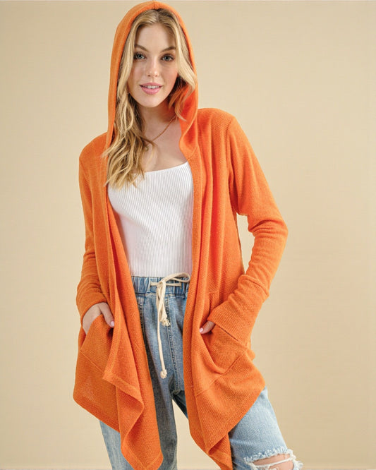 Burnt Orange Hooded Open-Front Cardigan