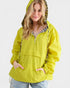 Woman wearing a bright yellow raincoat with leopard print lining on a white background
