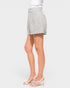 Person wearing a gray checkered skirt on a white background