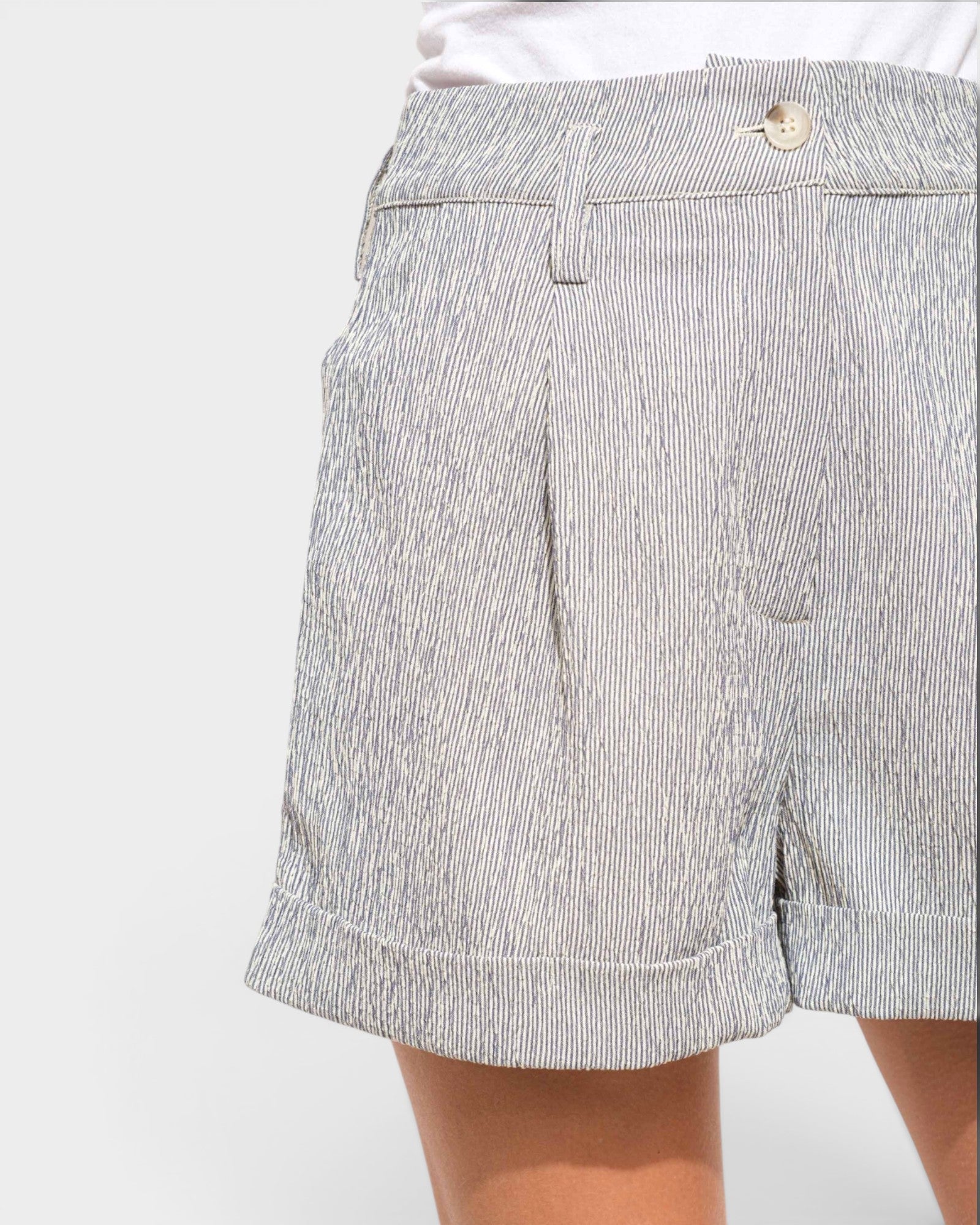 Gray striped shorts on a white background