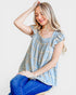 Woman wearing a blue plaid top and jeans on a white background