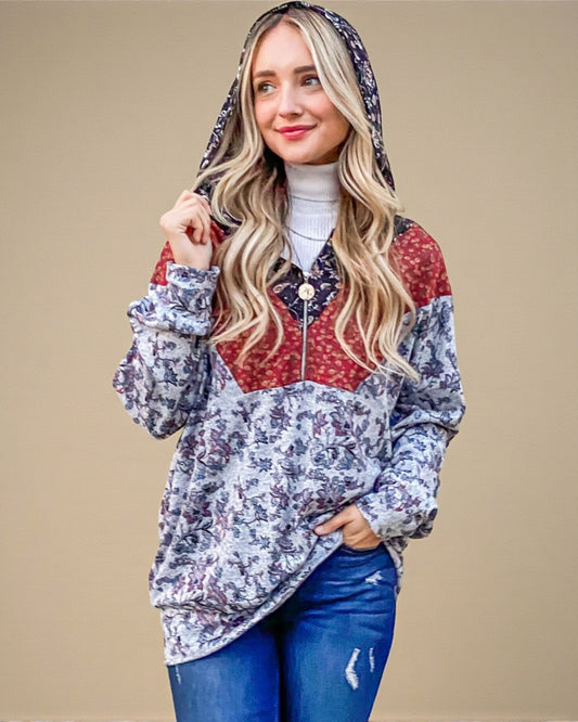 Sweat à capuche à manches longues et demi-zip imprimé gris