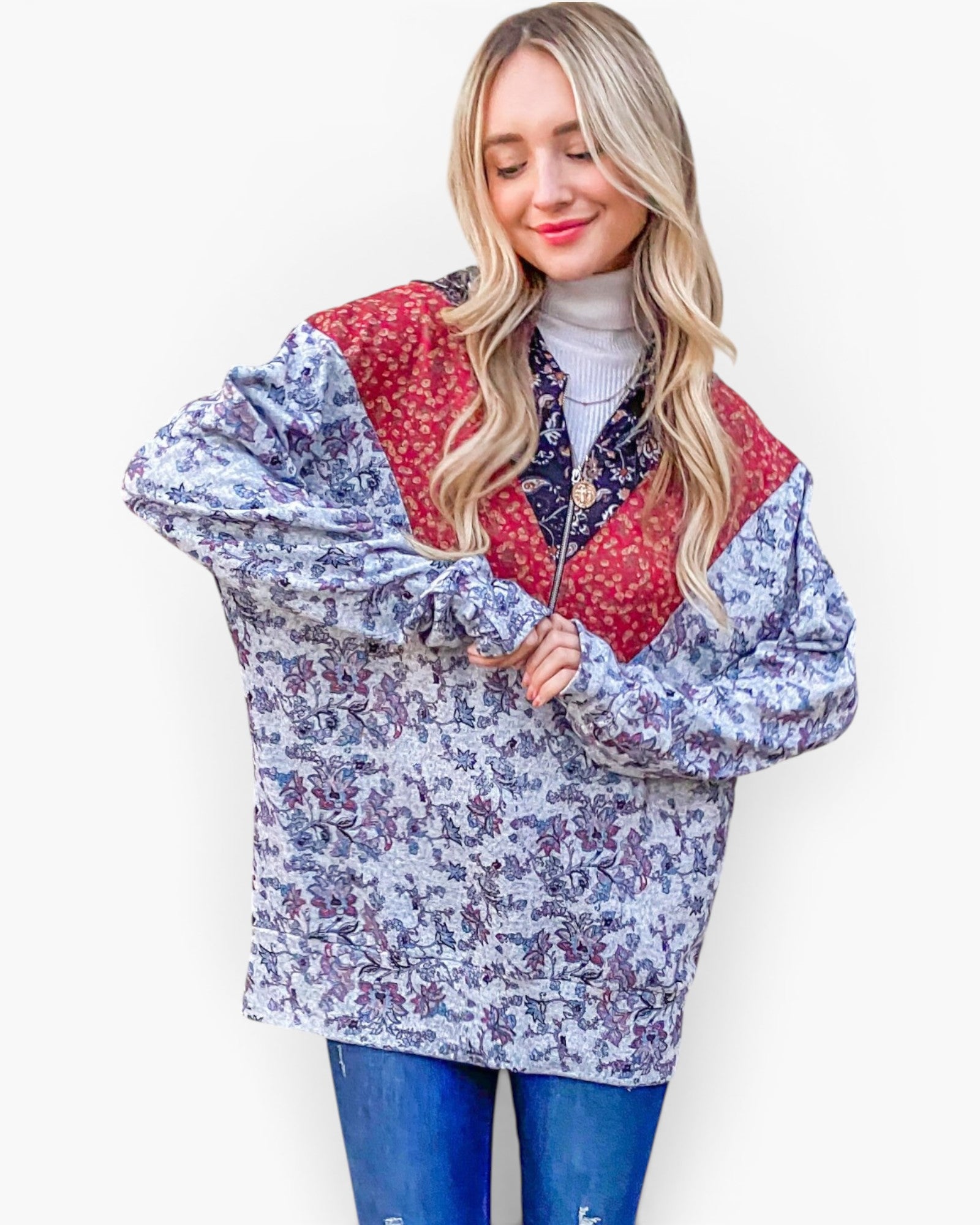 Sweat à capuche à manches longues et demi-zip imprimé gris